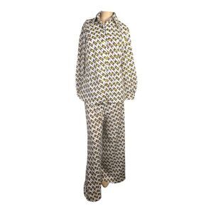 Vintage 70s Women’s Wide Leg Pants & Button Up Blouse Set Geometric Print Retro